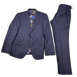 Hideoki Bespoke Suit Mens 39 Pin Stripe Navy Wool 32x31 Custom Tailored Peak